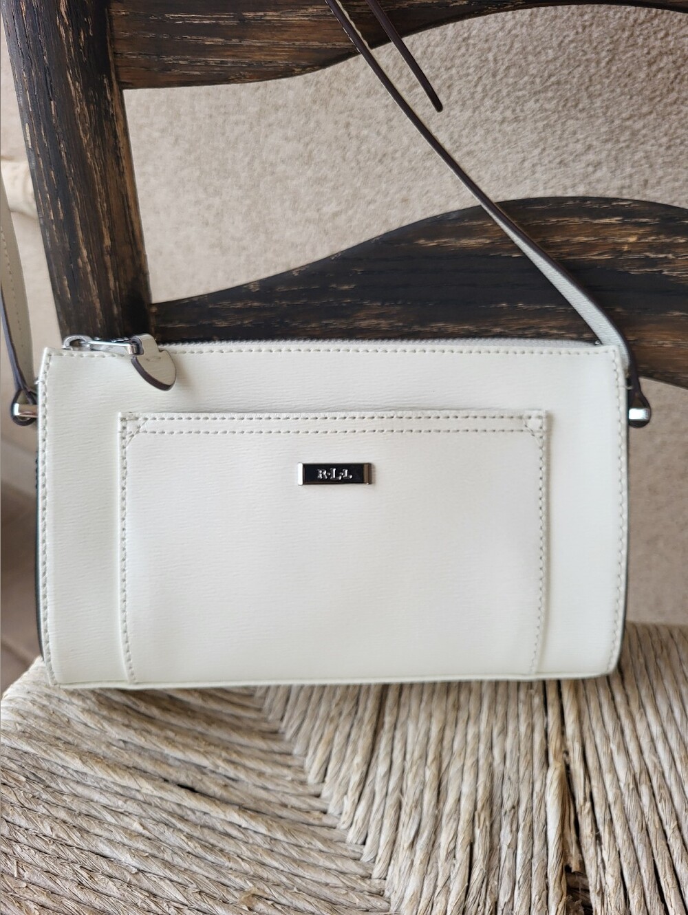 Polo Ralph Lauren Lowell White And Black  Saffiano Leather Crossbody Bag.